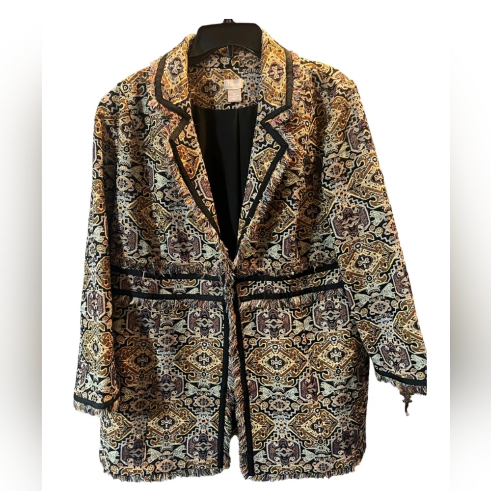 Chicos Brown Aztec Sparkle Jacquard Fringe Topper Jacket Blazer size 1, 10/12